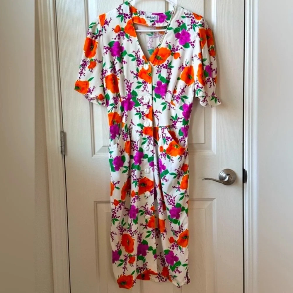 Vintage Herle Folle Paris Floral multicolor front button Pleated midi Dress XS/S